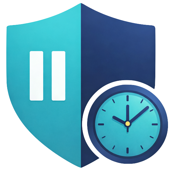 shield with a pause symbol on it and clock floating in front of it.