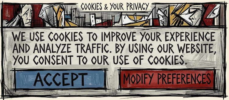A cookie compliance banner in the style of Bernard Buffet.