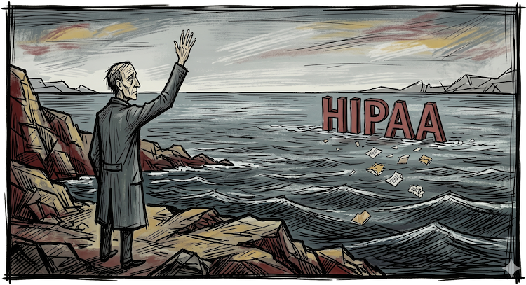 A painting of a man waving good bye to HIPAA as it floats off to sea.